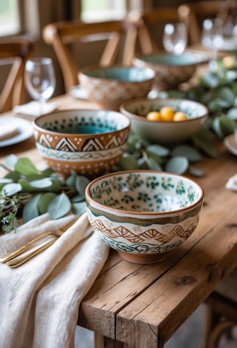 A rustic wooden table set with hand-painted ceramic bowls and natural linen napkins, accented by greenery.