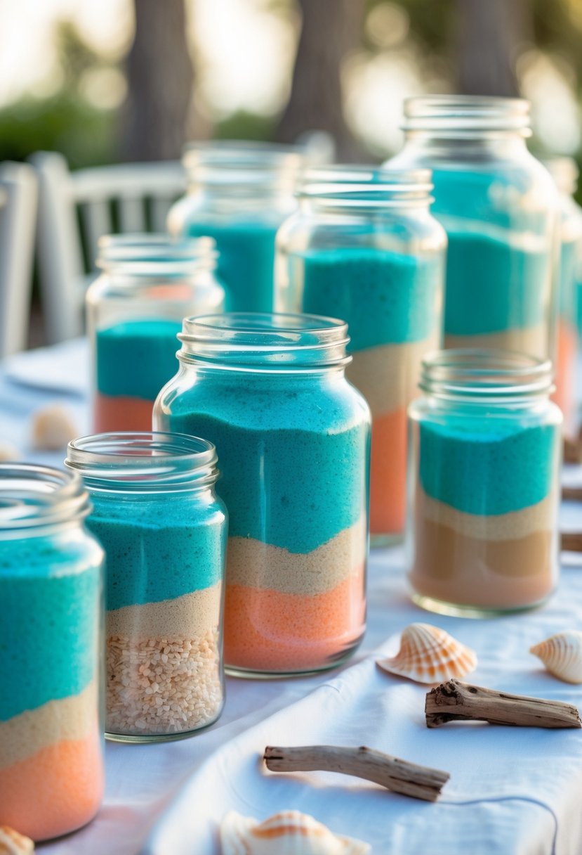 Glass jars filled with layers of colored sand arranged on a wedding table with seashells and driftwood.