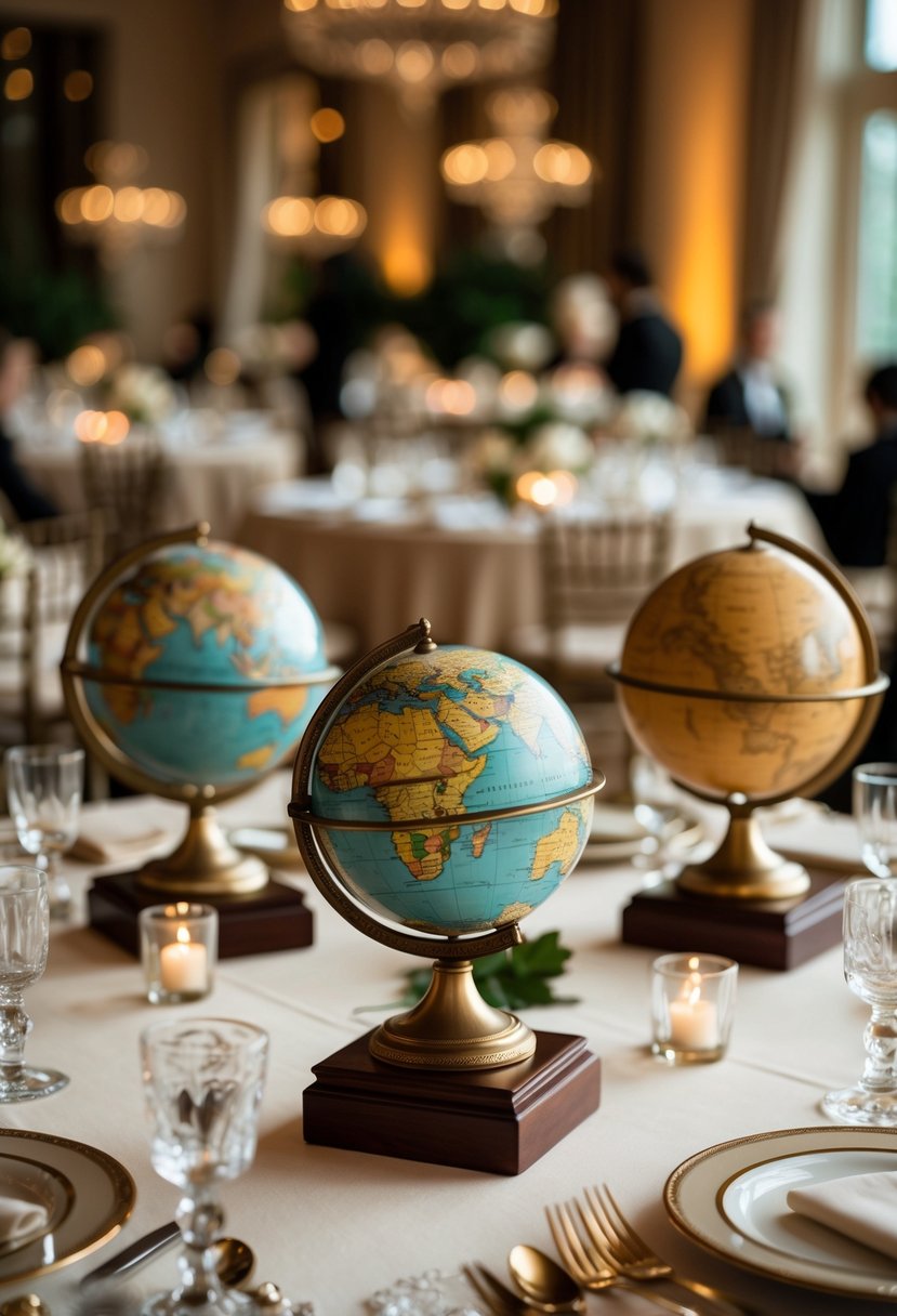 Wedding tables decorated with miniature antique globes used as table labels, surrounded by elegant table settings in a softly lit venue.