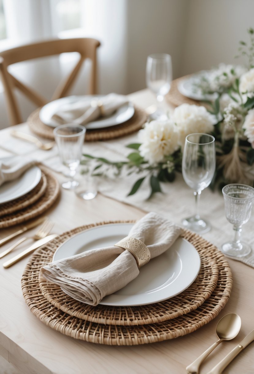 A wedding table with woven rattan chargers, linen napkins, ceramic plates, and glassware on a wooden surface.