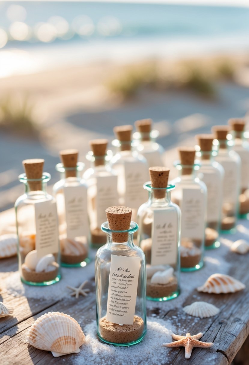 A beach-themed wedding table with glass bottles holding rolled paper place cards, seashells, starfish, and sand on a wooden surface near the ocean.