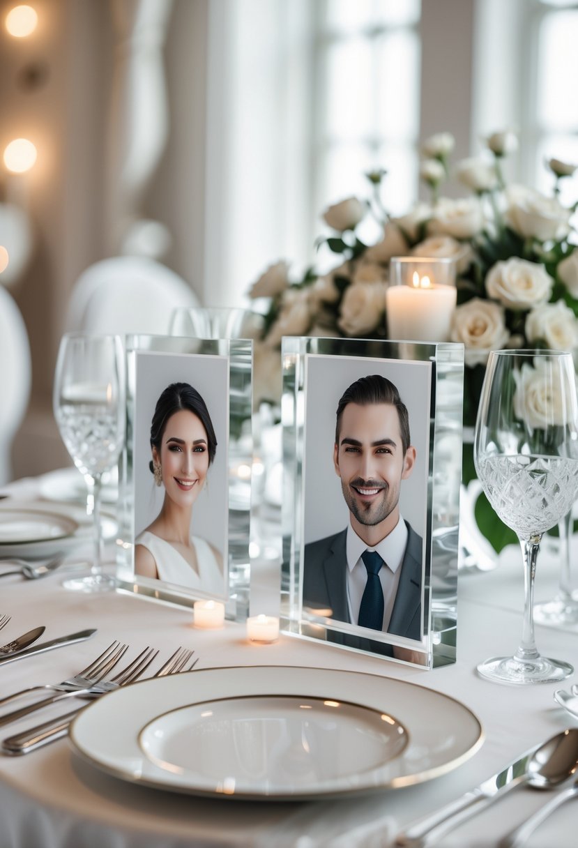 A wedding table with sleek acrylic photo frames displaying couple’s portraits surrounded by elegant tableware and decor without flowers.