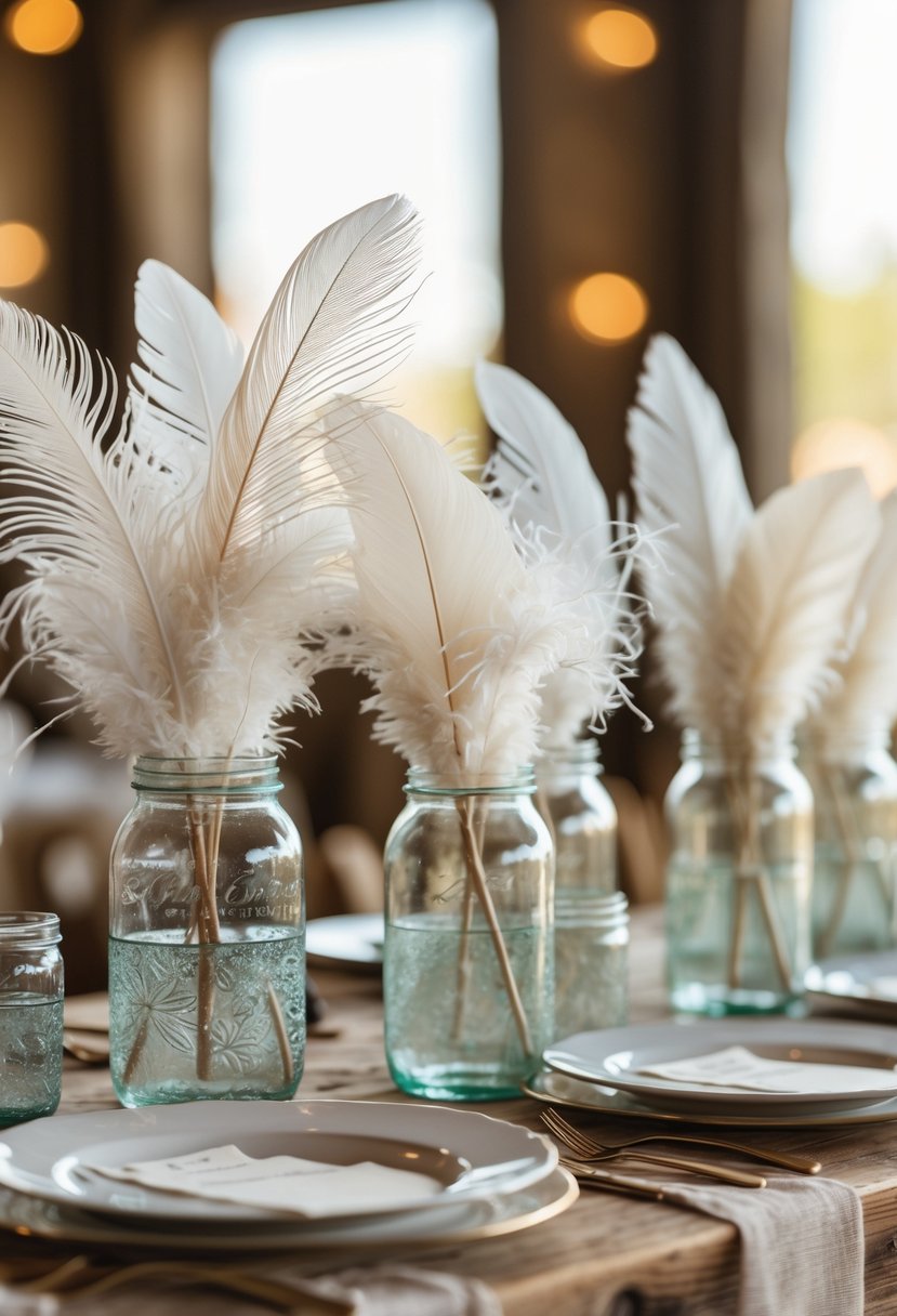 Glass jars filled with feathers arranged on a wooden table as wedding décor.