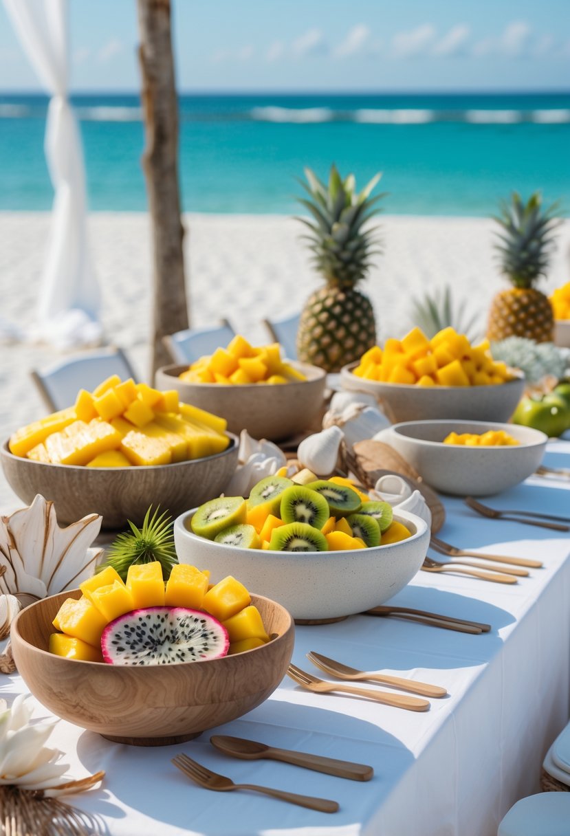 A beachside wedding table with bowls of colorful tropical fruits arranged on a white tablecloth, with sand and ocean visible in the background.