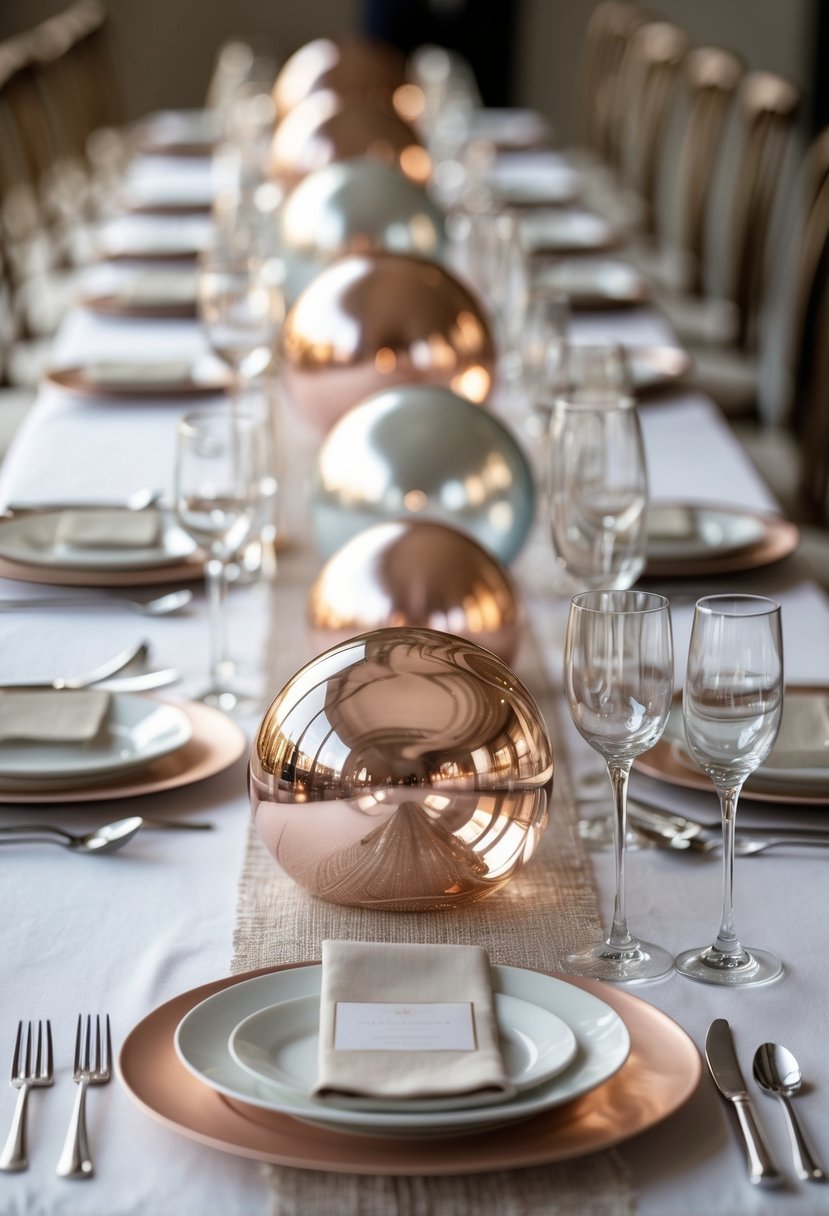 A wedding table decorated with hand-blown glass orbs in soft metallic colors arranged along the center, with place settings including plates, glasses, and cutlery.