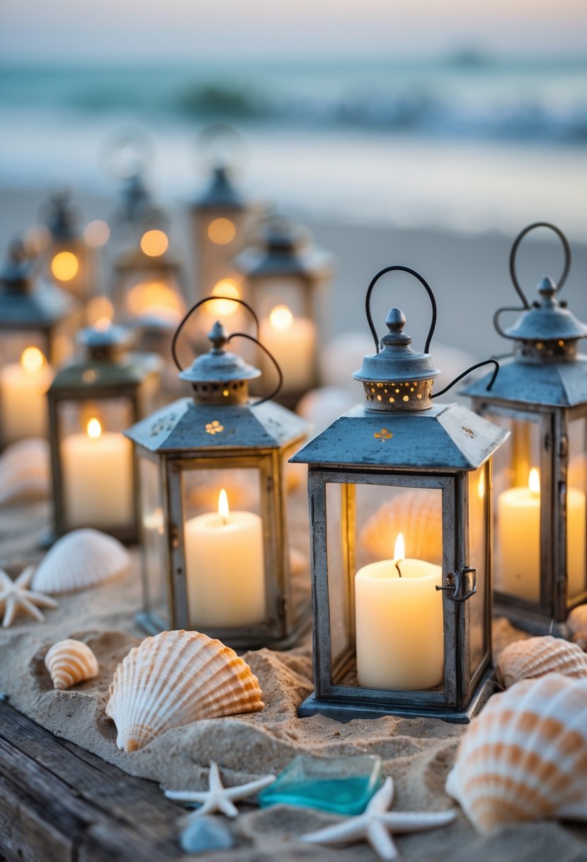 A group of vintage lanterns with LED candles on a wooden table decorated with seashells and beach elements.