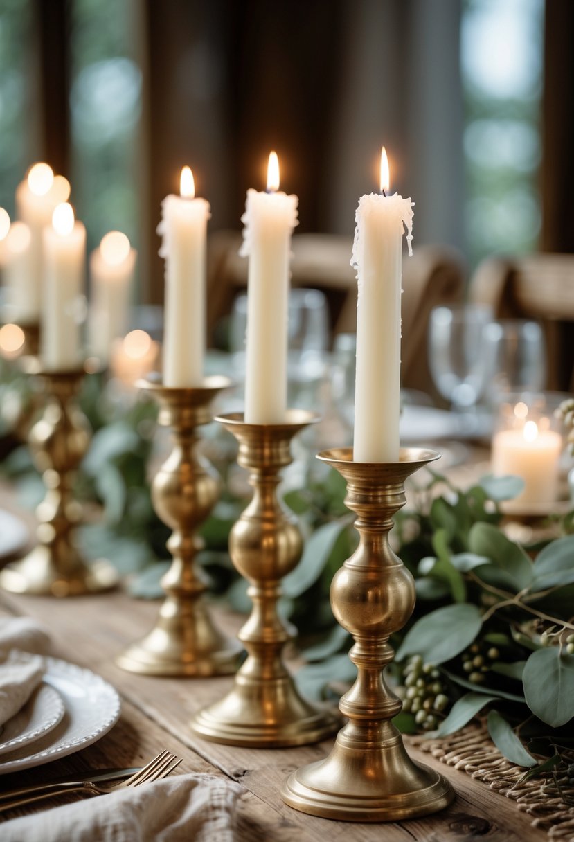 Antique brass candle holders with lit white candles on a rustic wooden table set for a wedding.