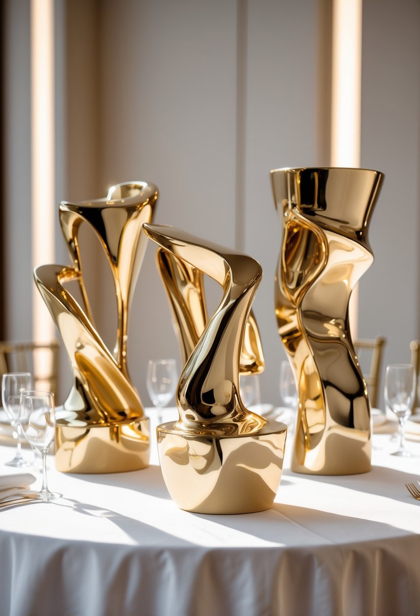A wedding table decorated with elegant golden abstract sculptures as centerpieces on a white tablecloth.