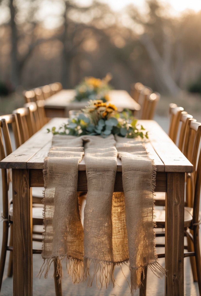 Outdoor wedding table with burlap scarves draped over wooden tables and simple wooden chairs, set in a natural environment without flowers.