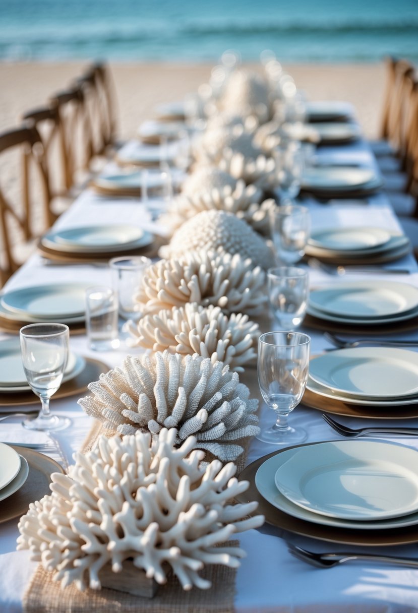 Wedding table decorated with natural coral pieces as accents, set outdoors near a beach with ocean in the background.