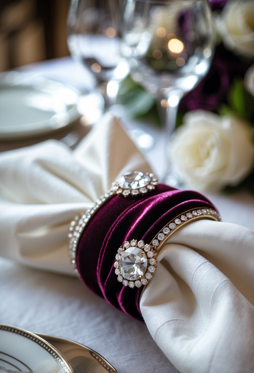 Close-up of velvet napkin rings with jeweled accents on white napkins arranged on a wedding table setting.