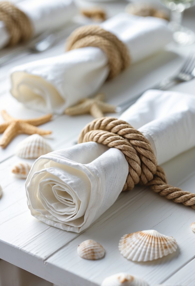 A wedding table setting with white napkins wrapped in nautical rope napkin rings, decorated with seashells and starfish on a light wood table.