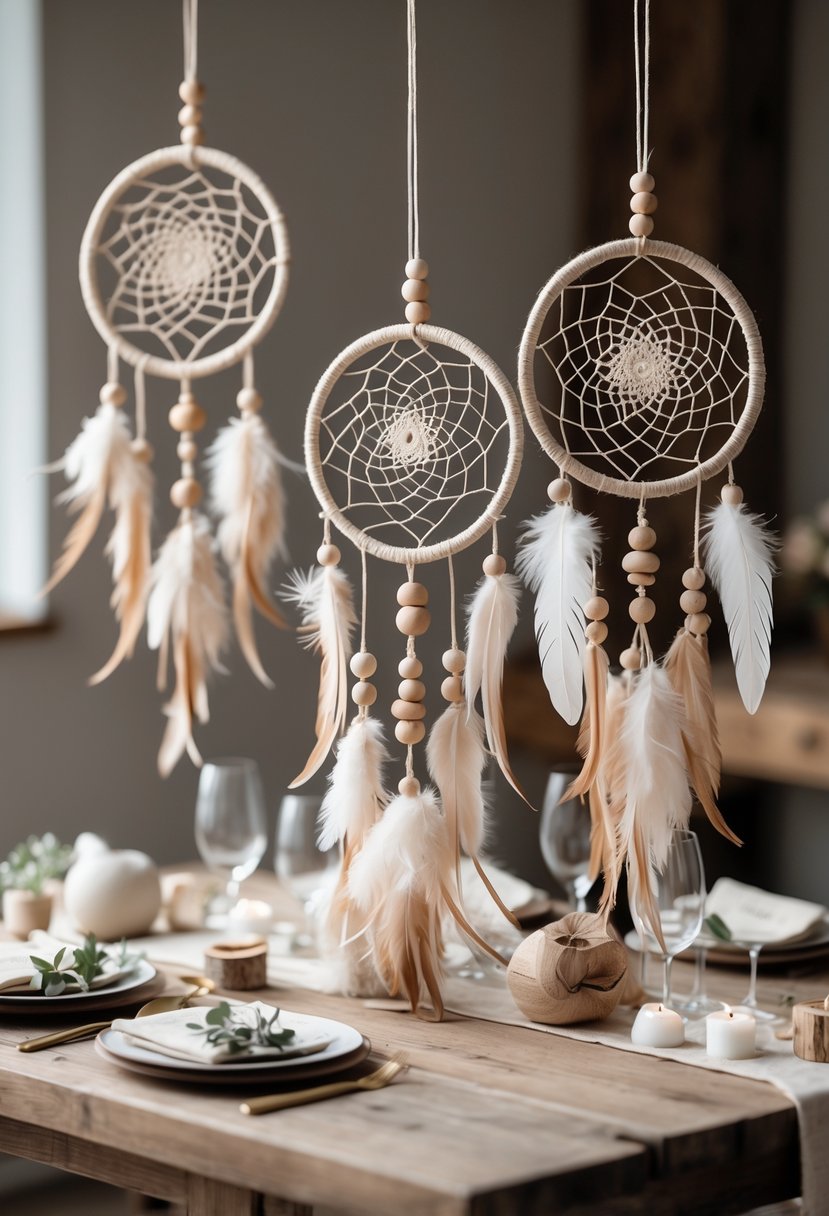 Handmade dreamcatcher table hangings displayed on a wooden table with soft natural lighting.