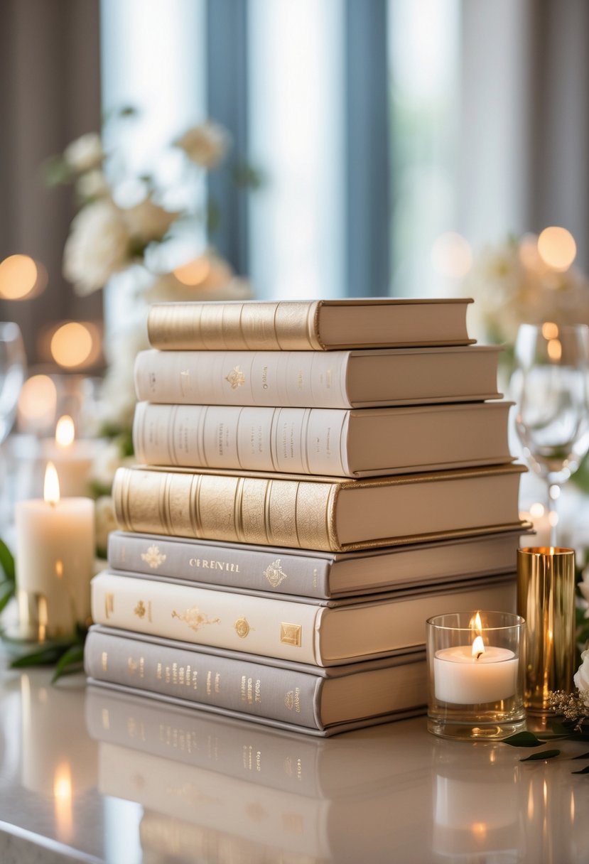 A wedding table with a stack of designer coffee table books as the centerpiece, surrounded by small candles and elegant decorations.