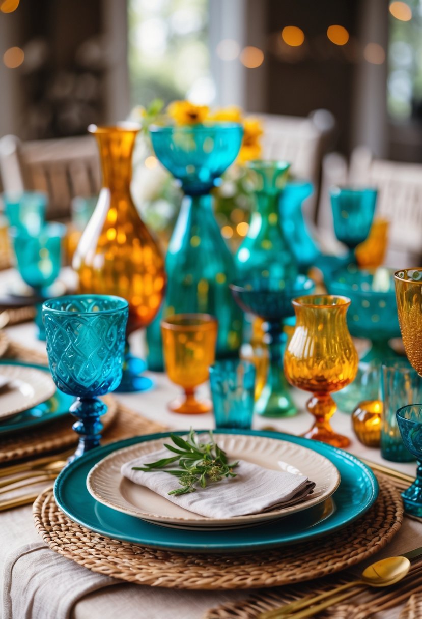 A wedding table set with colorful vintage glassware, wooden chargers, woven placemats, and linen napkins.