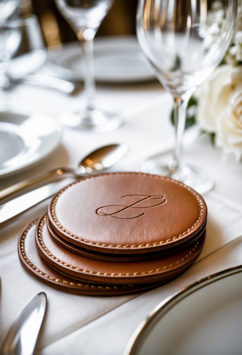 Set of personalized leather coasters with embossed initials arranged on a wedding table with glasses and fine china.