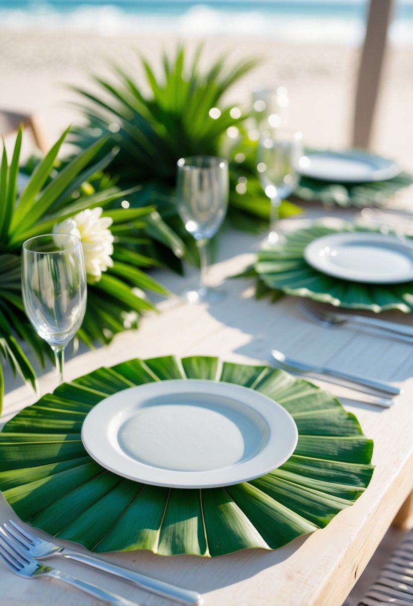 A wedding table set outdoors with large green palm leaf chargers, white plates, and silver cutlery, with a beach and ocean background.