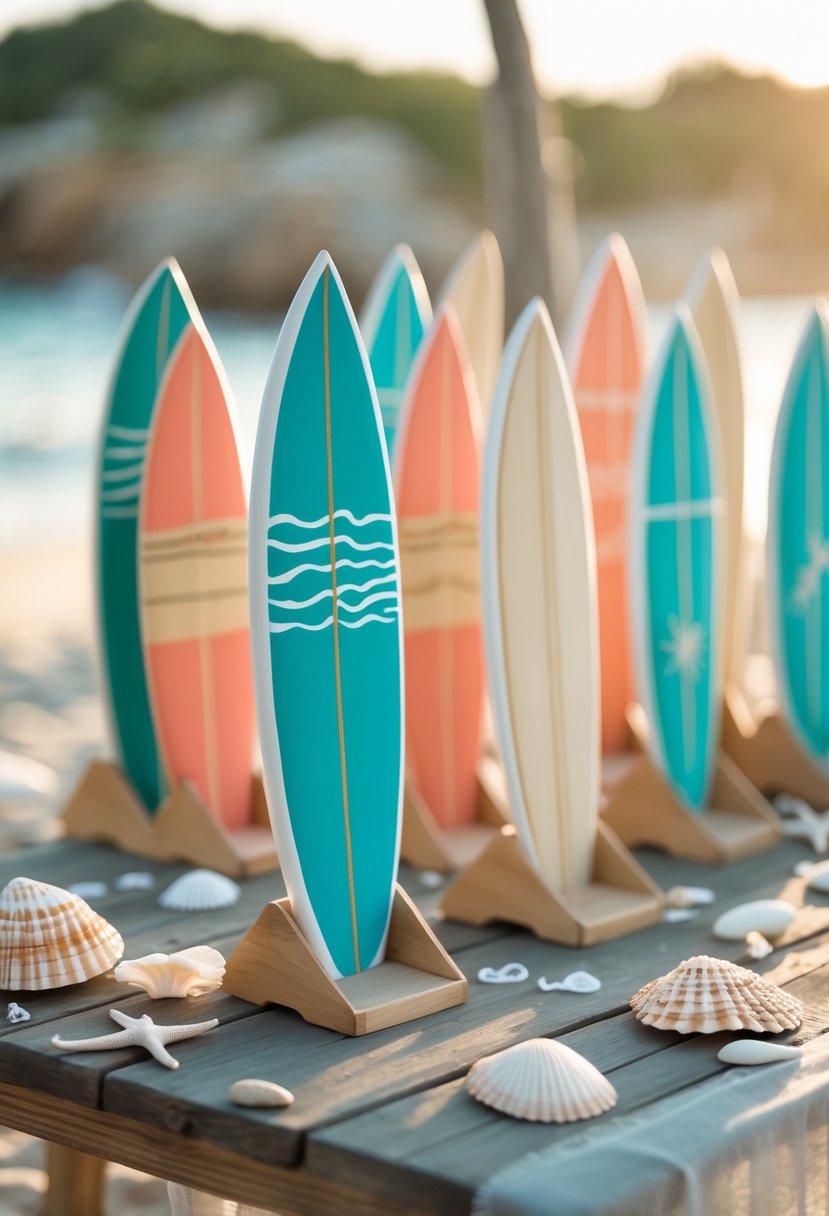 Mini surfboards used as table signs on a wooden table decorated with seashells and starfish for a beach-themed wedding.