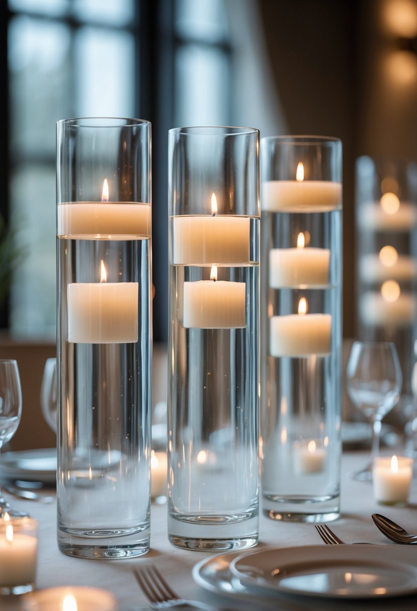 Tall glass vases filled with floating white candles arranged on a wedding table.