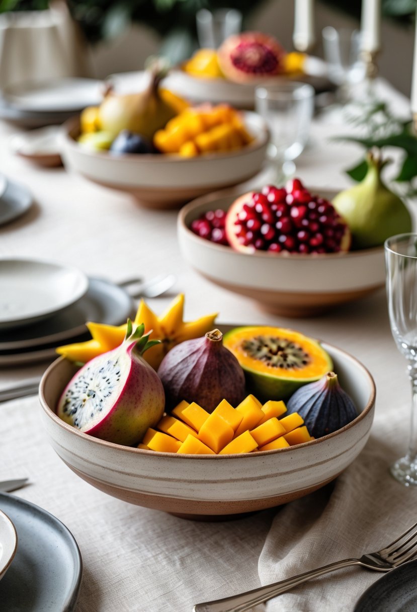A wedding table with artisan ceramic bowls filled with various exotic fruits, including dragon fruit, mango, pomegranate, starfruit, and figs.