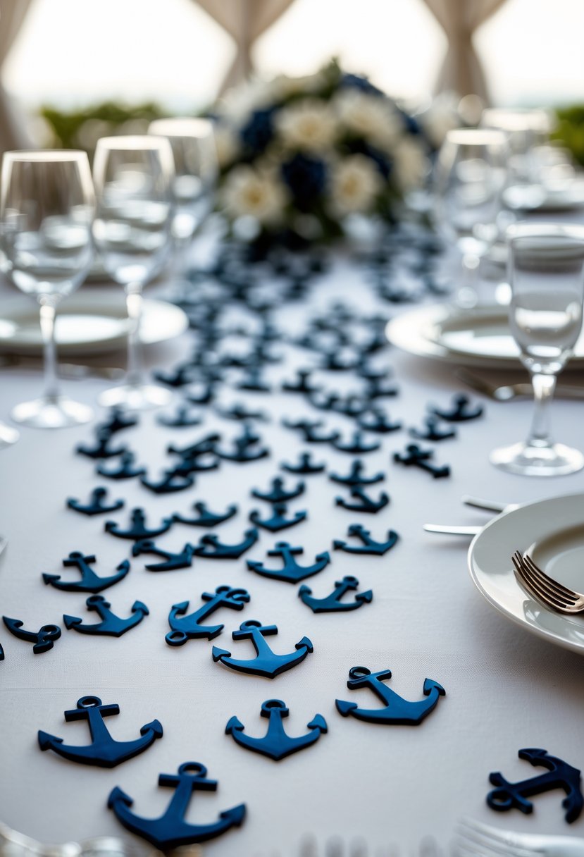 A wedding table with anchor-shaped confetti scattered on a white tablecloth, set with plates, glasses, and silverware, without any flowers.