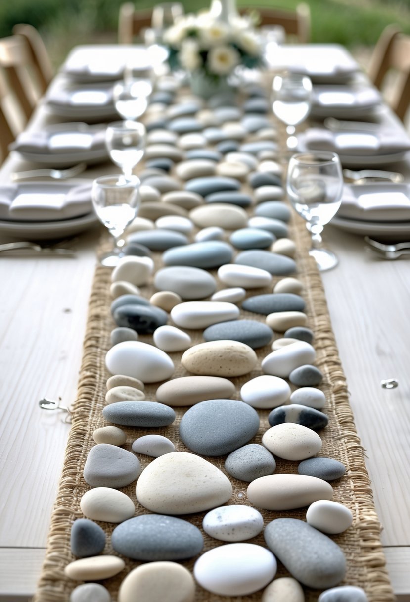 A wooden wedding table decorated with smooth beach pebbles arranged as table runners, accompanied by plates and glassware.