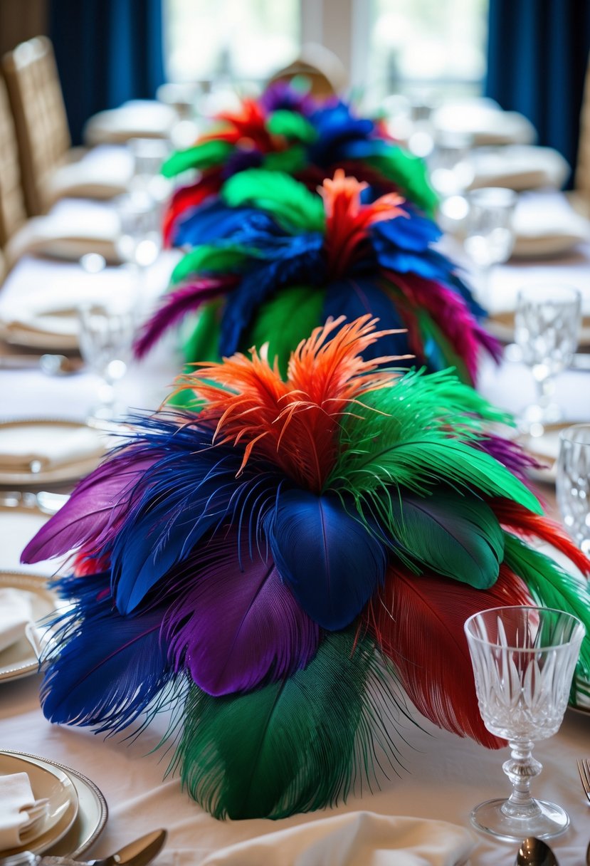 A wedding table decorated with colorful silk feathers in jewel tones arranged as a centerpiece with glassware and silverware on a white tablecloth.