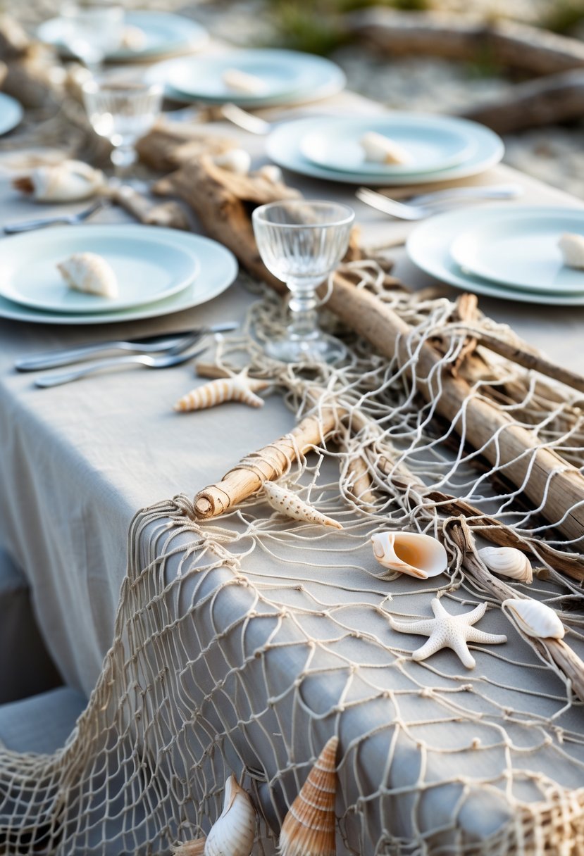 Wedding table decorated with a fishing net overlay, seashells, starfish, and driftwood, set with plates and glassware on a beach.