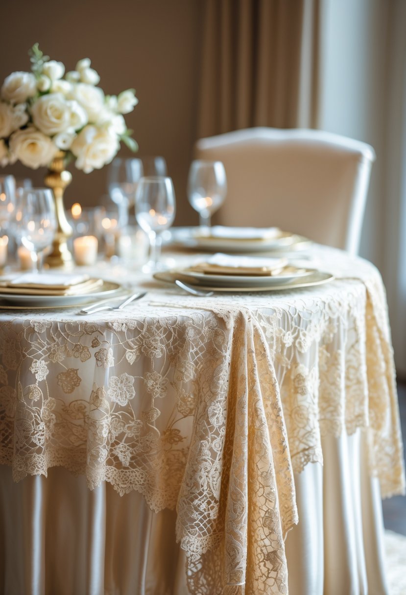 A wedding table with cream and gold lace overlays, elegantly arranged without flowers.