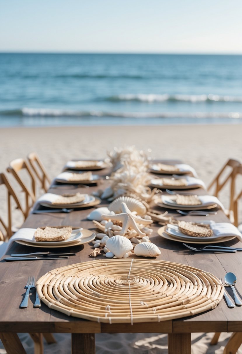 A beach wedding table with bamboo mats, seashells, and starfish on a wooden table by the ocean.