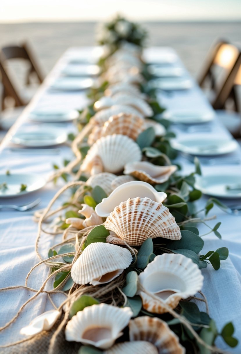 A wedding table decorated with a seashell garland centerpiece on a white tablecloth, featuring various seashells and green foliage.