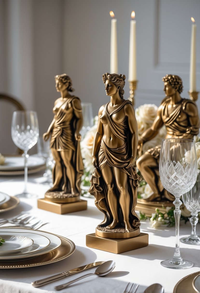 A wedding table decorated with bronze figurines inspired by classical mythology, set with elegant tableware on a white tablecloth.