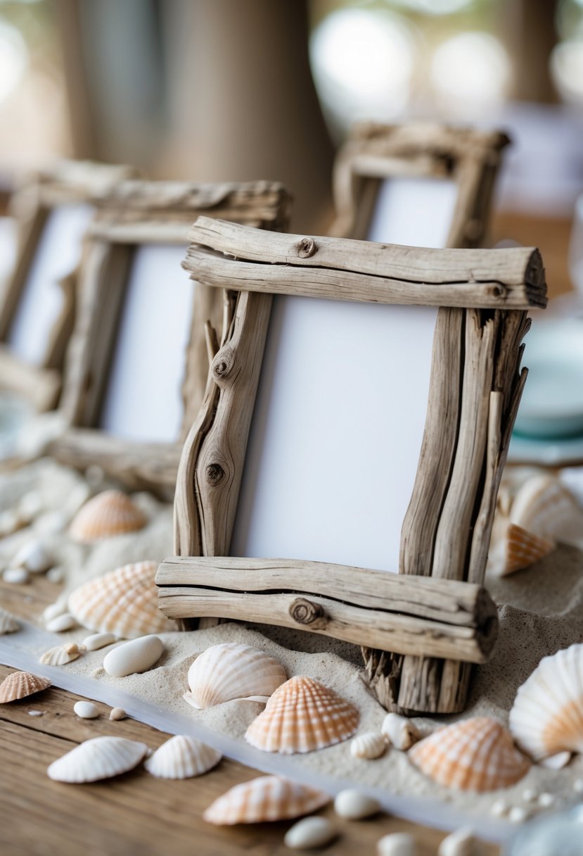A beach-themed wedding table with driftwood photo frames and scattered seashells and pebbles on a wooden surface.