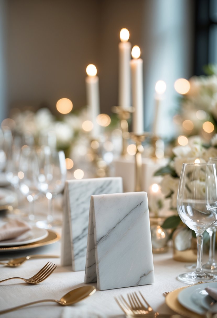 Marble slab place card holders arranged on a wedding table with elegant table settings and soft lighting.