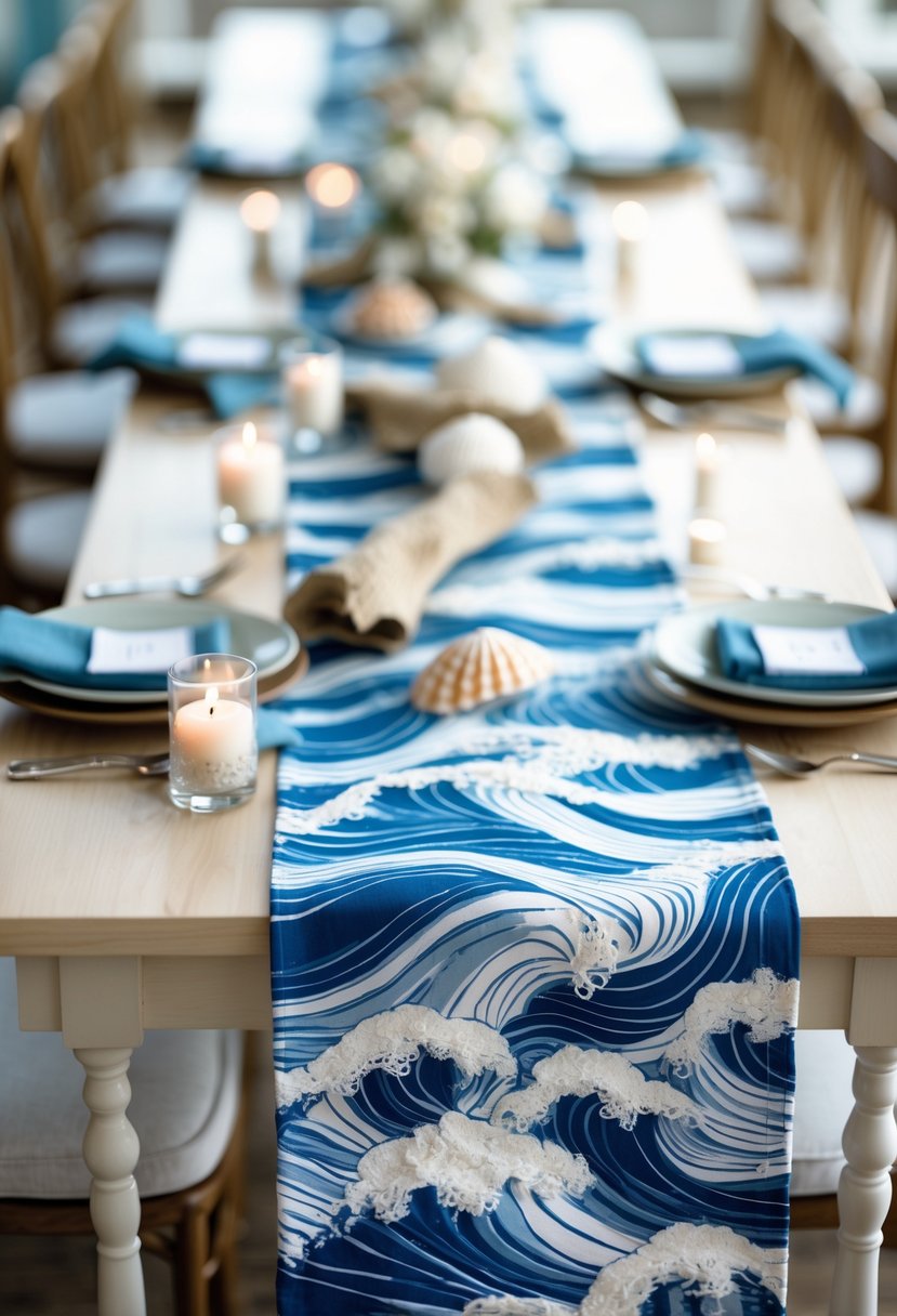 A wedding table with an ocean wave patterned runner, decorated with seashells, driftwood, and candles, set in a beach-themed style.