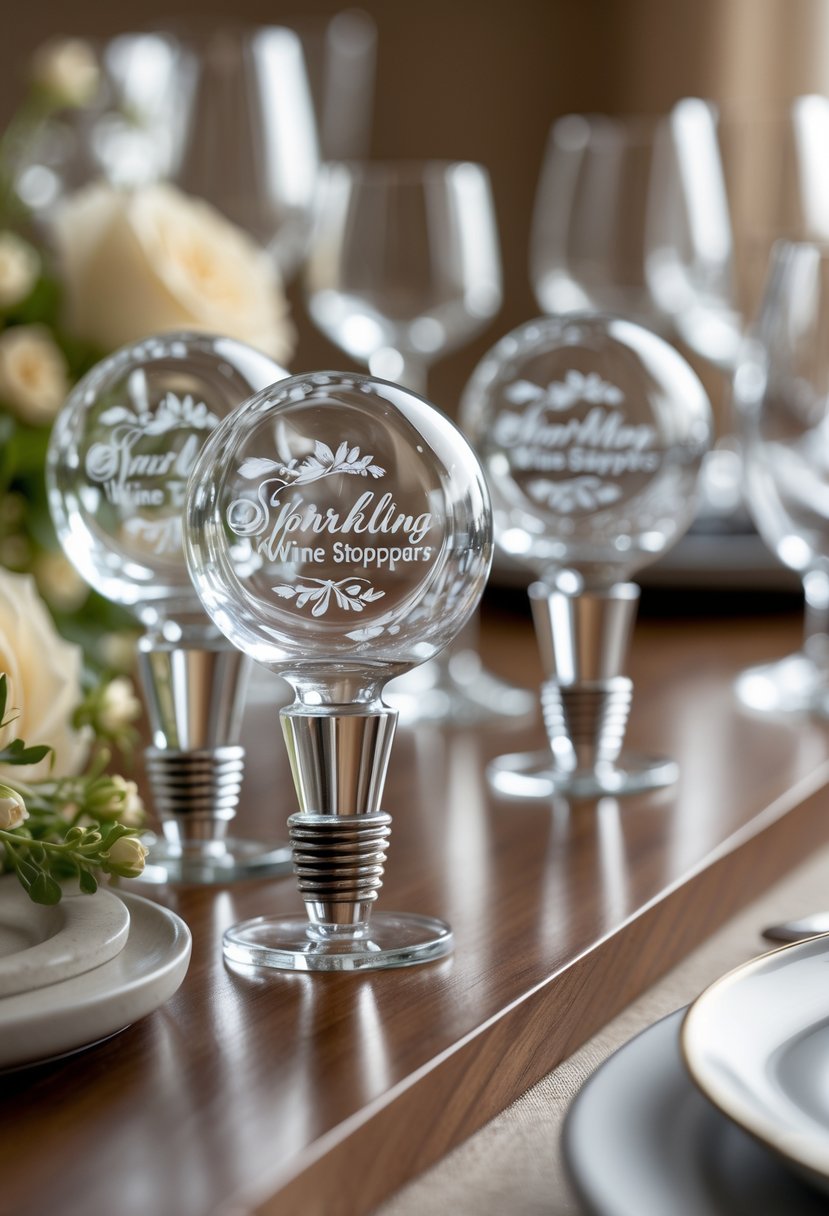 Custom engraved crystal wine stoppers arranged on a wedding table with glassware and elegant tableware.