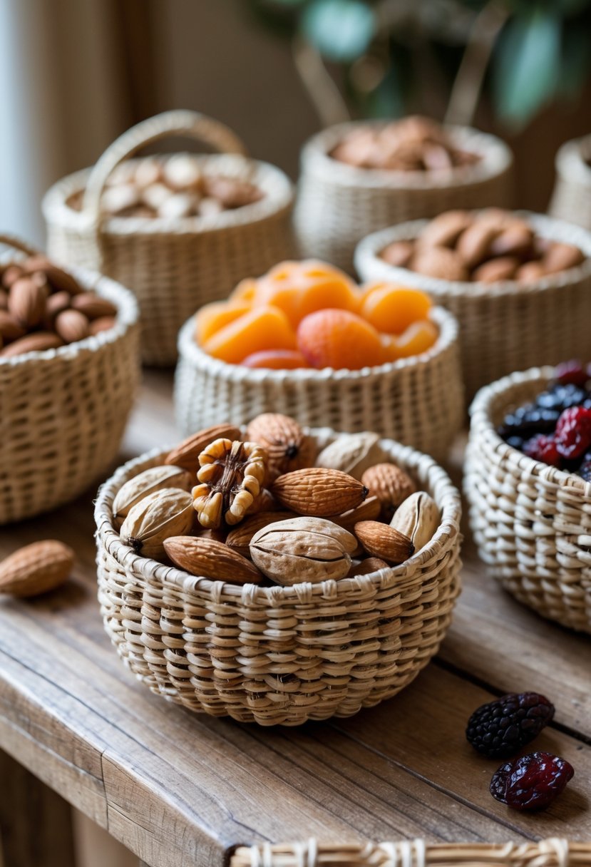 Mini woven baskets filled with nuts and dried fruits arranged on a wooden table.
