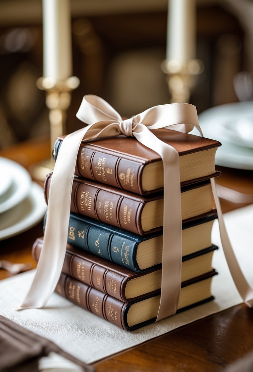Miniature leather-bound classic novels tied with a satin ribbon placed on a wooden table as a wedding decoration.