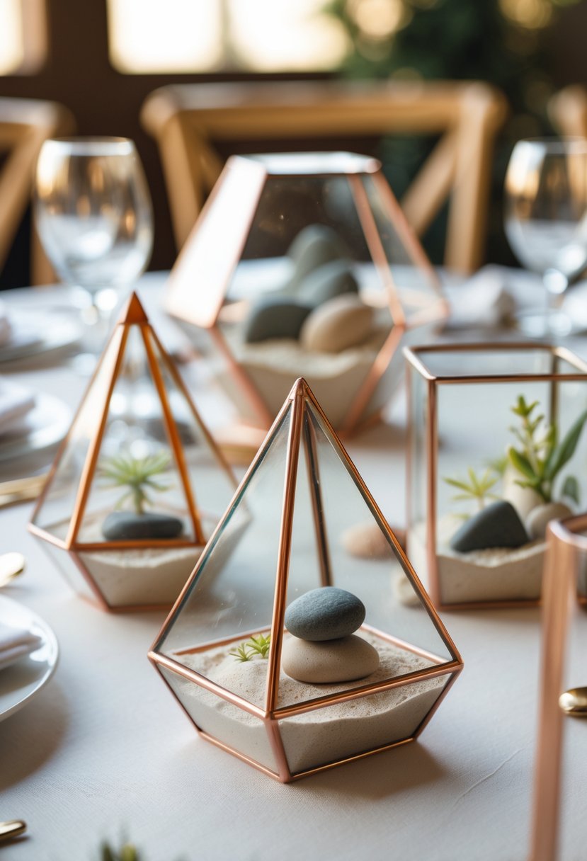 A wedding table decorated with clear geometric glass terrariums filled with sand and smooth stones.