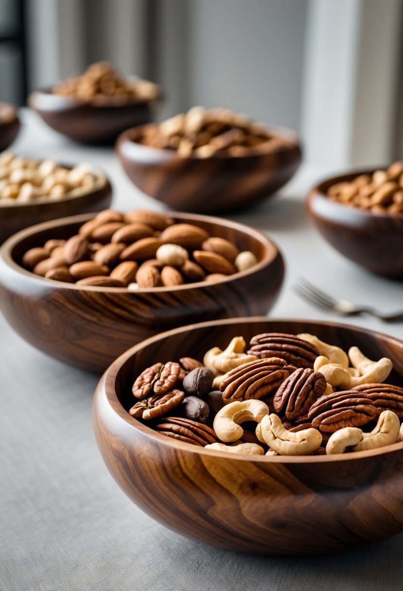Polished wooden bowls filled with assorted gourmet nuts arranged on a wedding table without flowers.