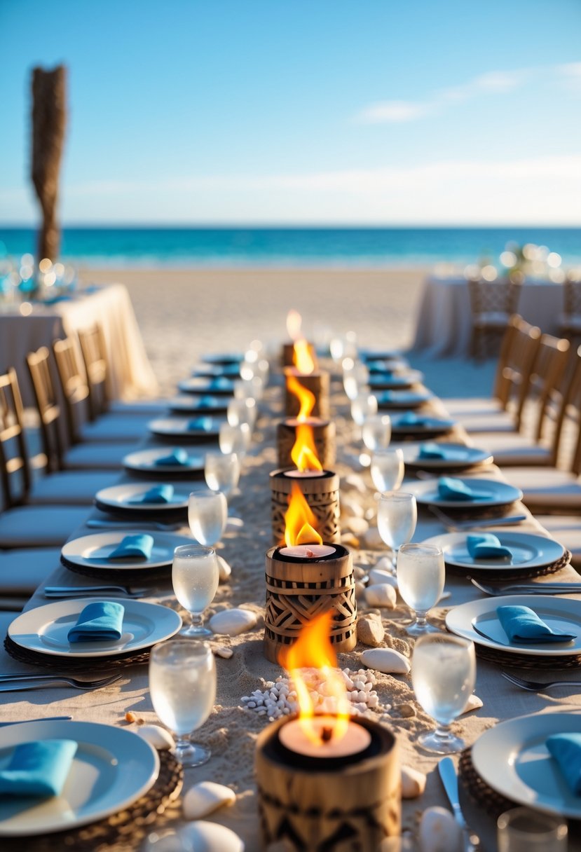 A wedding table outdoors decorated with tiki torch centerpieces and beach-themed elements like seashells and driftwood, with the ocean visible in the background.