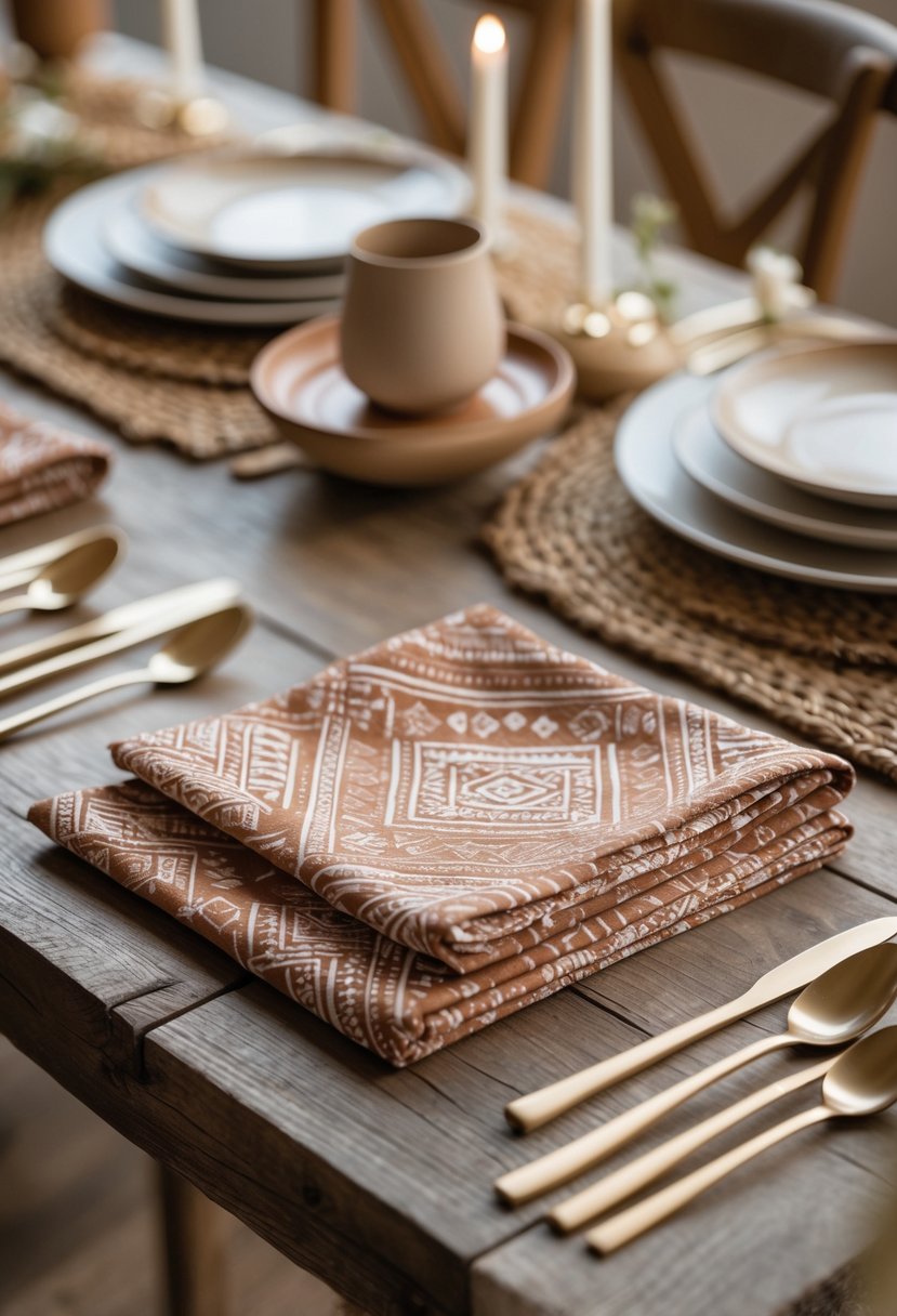 A rustic wooden table set for a wedding with patterned napkins, ceramic plates, woven placemats, and glassware, all arranged neatly without any flowers.