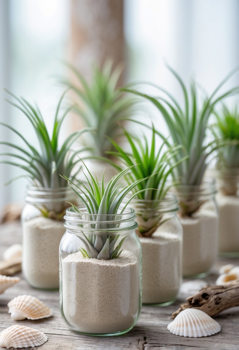 Several mason jars filled with sand and air plants arranged on a wooden table with seashells around them.