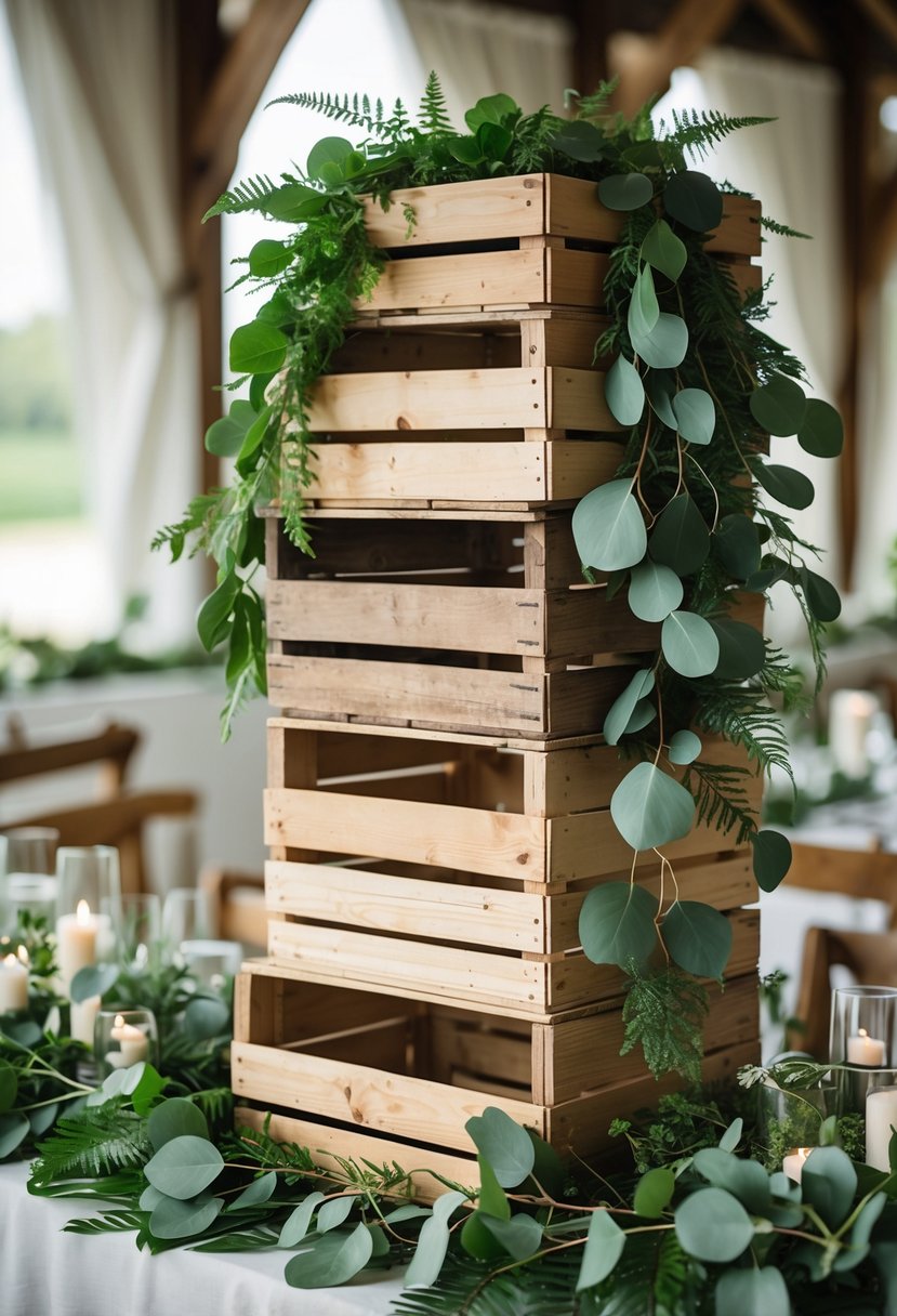 Stacked wooden crates decorated with lush green leaves arranged on a table.