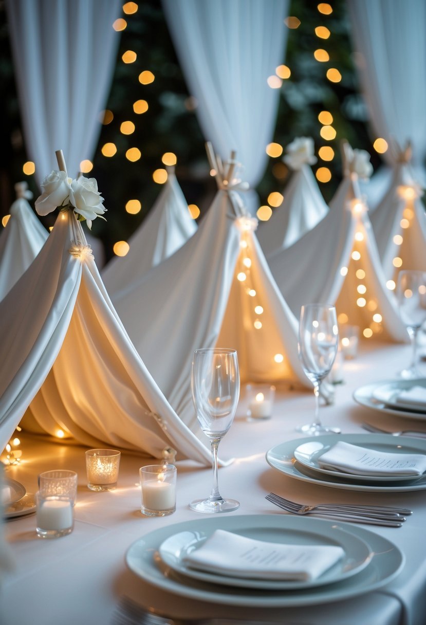 A wedding table with mini silk tents housing warm fairy lights, set with glassware and plates.