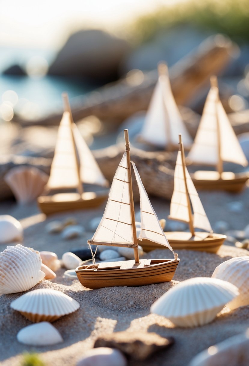 Miniature sailboat models arranged on a sandy surface with seashells and driftwood as wedding table decorations.