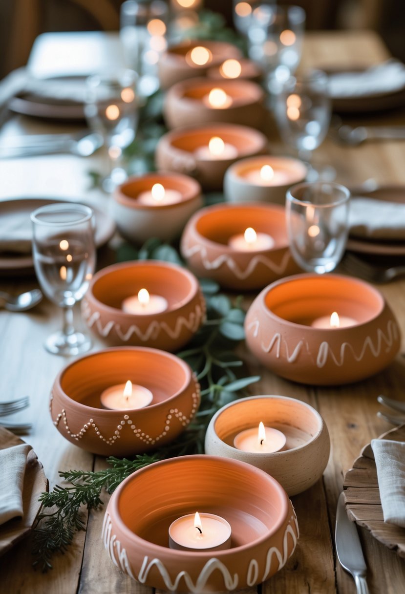 A wooden wedding table with several clay tealight holders lit with candles, surrounded by simple tableware and soft lighting.