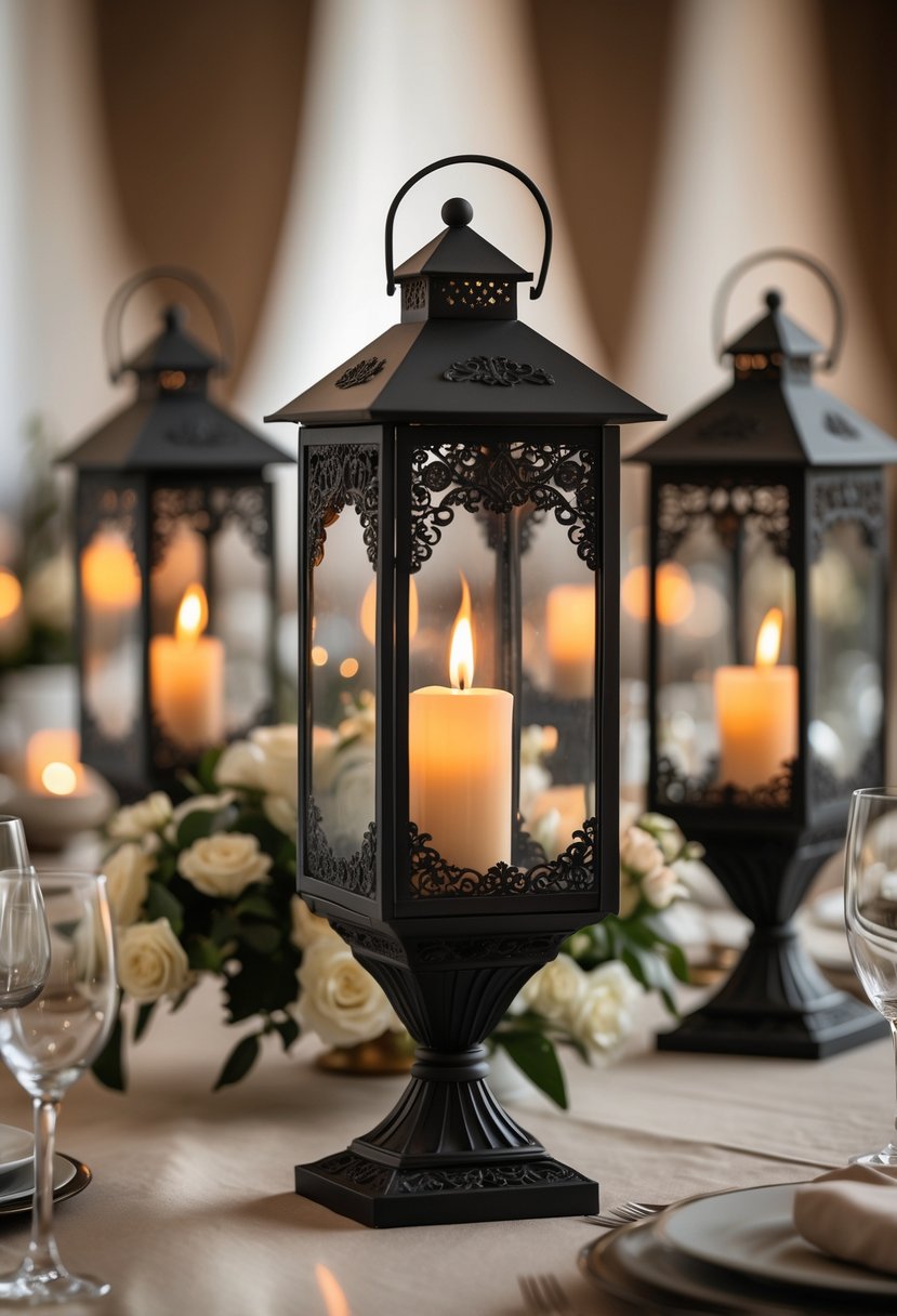 Tall black iron lanterns with flickering LED flames arranged on a wedding table.