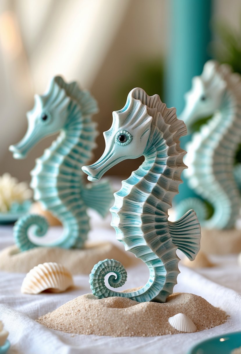 Close-up of seahorse figurines arranged on a wedding table with beach-themed decorations including sand and seashells.