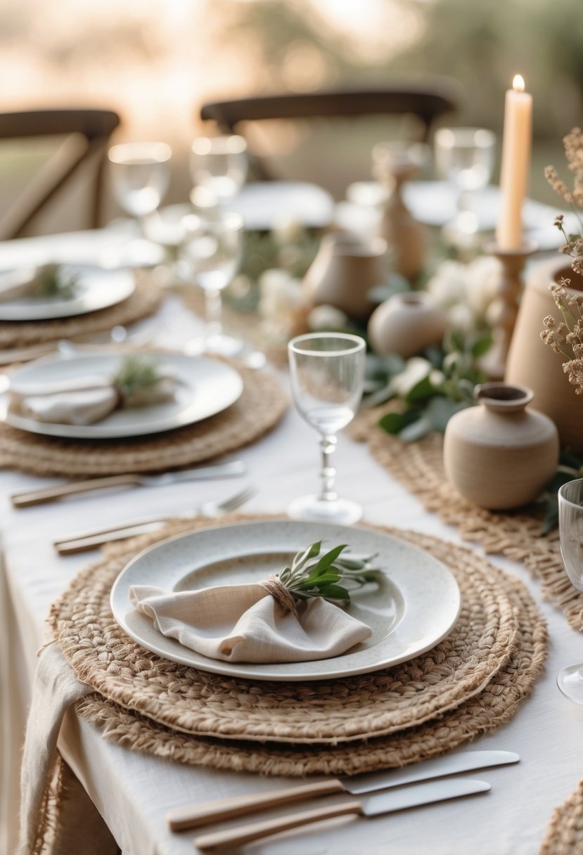A wedding table set with natural jute placemats, ceramic plates, glassware, and wooden tableware on a wooden table.